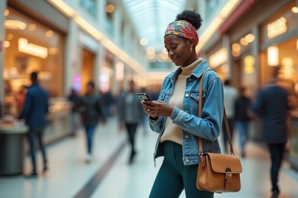 Black woman on mobile in shopping mall