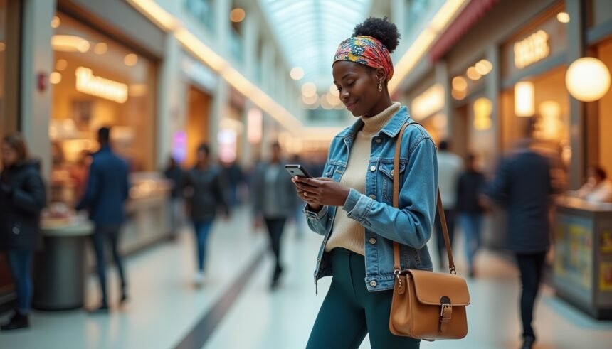 Black woman on mobile in shopping mall